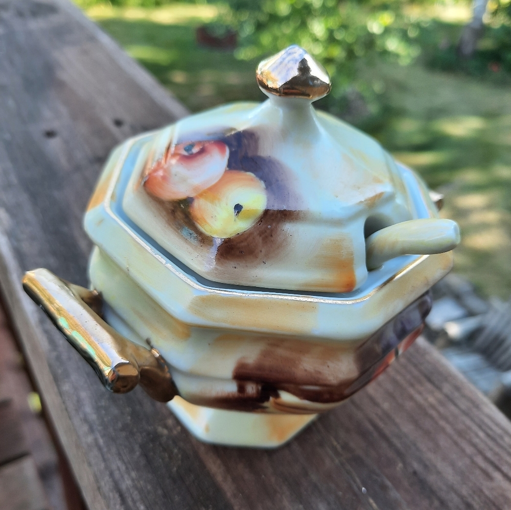 Vtg porcelain sugar bowl hand painted apples 3 pc